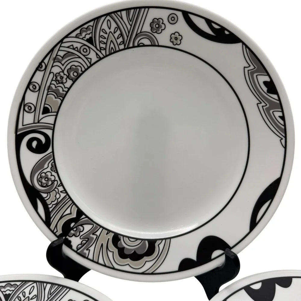 Corelle Nouveau Lunch Plates Set of 4 Black Grey Paisley salad plates